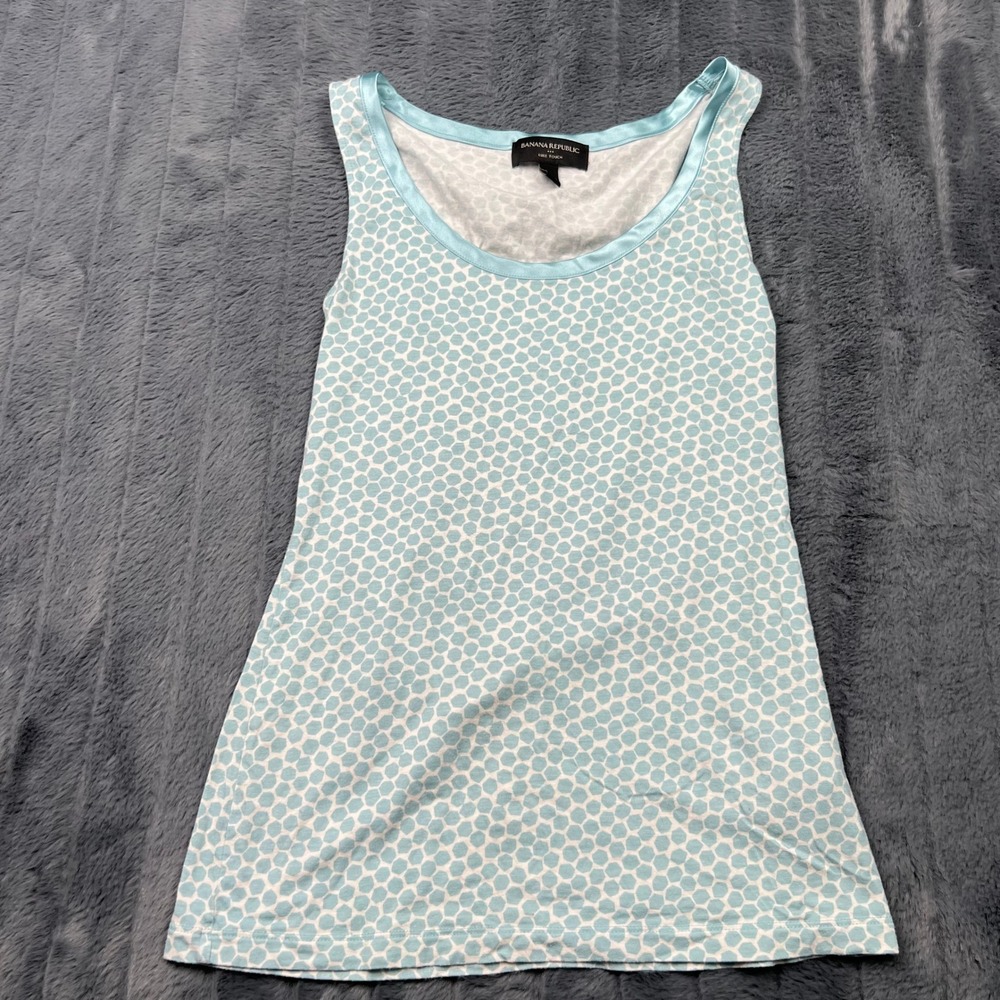 Banana Republic Luxe Touch Tank Top Small Blue White Honeycomb Geometric Print